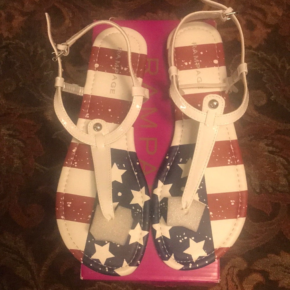 NWOT Rampage Women’s Patriotic/Flag sandals, size 9 1/2